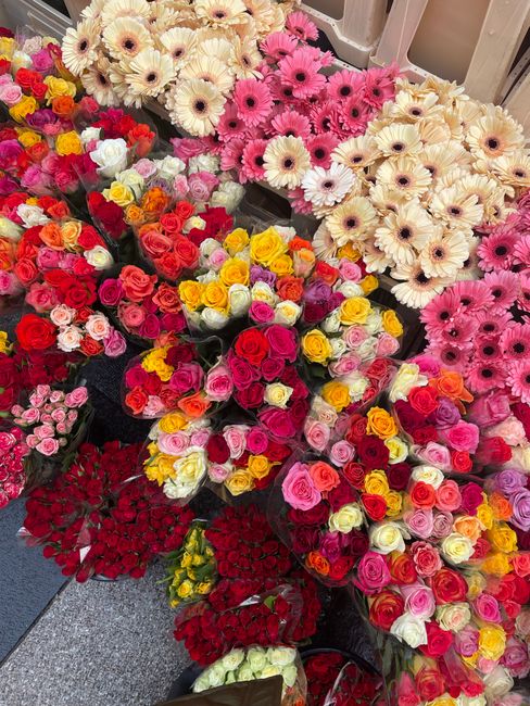 A vibrant display of fresh flower bouquets featuring a variety of roses in shades of red, pink, yellow, and white, arranged in dense clusters. Behind the roses, there are cream-colored gerbera daisies
