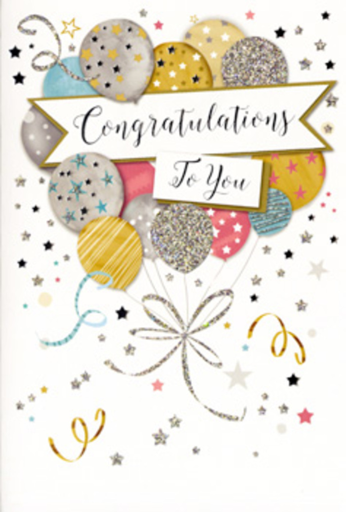 A beautifully designed congratulations card is portrayed, its artwork capturing the same upbeat, polished feel as a celebration dinner overlooking the river in Greenwich. Dominating the centre is a graceful bouquet of illustrated balloons, rising as if carried by quiet music and warm applause. The balloons are round and luminous, rendered in a palette of soft metallic gold, brushed silver, champagne cream, sky blue, blush pink, and muted grey. Each one is slightly different: some are scattered with tiny star motifs, others display subtle stripes or patches of fine glitter that seem to twinkle as the card catches the light. Their overlapping shapes create a sense of depth and movement, a little cloud of colour suspended in mid-air. From the base of this balloon bouquet, slender ribbons in gold and silver sweep downwards and curl, like party streamers unfurling above a table of flowers and gifts. Around the central motif, small metallic stars, confetti dots, and delicate swirls float across the soft background, echoing the spontaneous joy of a surprise party or a well-earned toast after a long journey of effort. Cutting through the middle, a gentle banner stretches from side to side, holding the message "Congratulations To You" in elegant, flowing script that feels personal and heartfelt. The typography and layout have the same thoughtfulness a professional florist brings to balancing colours in an arrangement. As you imagine holding the card, you can almost feel the contrast between silky-smooth cardstock and the slightly raised glitter details. It is easy to picture this card nestling beside a fresh bouquet from a local Greenwich shop, perhaps delivered to a home near Blackheath or Maze Hill, marking promotions, graduations, or any moment when someone truly deserves to be celebrated.
