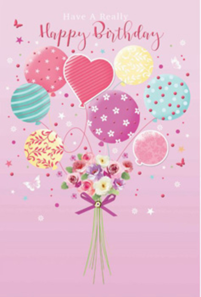 Detailed birthday card artwork capturing a whimsical scene where pastel balloons seem to lift a delicate garden of flowers into the air, set against a soft pink backdrop reminiscent of sunrise over Greenwich Park. The balloons are painted in pale sunshine yellow, rosy pink, lavender, and cool teal, clustered together but each with its own playful identity: some loop with candy-like spirals, others are dotted with tiny, dancing circles, and a few showcase gentle floral designs. A heart-shaped balloon nests close to the centre, giving the entire composition an affectionate, celebratory focus. From these balloons, fine ribbons trail downward and gather around a petite hand-tied bouquet, which appears lush and freshly arranged. The flowers include small roses and daisy-style blooms, their petals shaded from creamy ivory through blush to soft rose, suggesting the careful blending of colours a florist would create in the shop just off Greenwich's bustling market streets. The bouquet is bound with a shimmering purple bow, its satin texture catching the same imagined light that glows along the curves of the balloons. Scattered around are tiny stars and fluttering butterflies, like little bursts of happiness suspended in mid-air. The mood is gently jubilant rather than loud-perfect for a thoughtful birthday card or gift delivery across Greenwich, from Maze Hill to the riverside. Every visual detail, from the texture of the petals to the playful patterns, feels considered and crafted to make the recipient feel truly cherished on their special day.