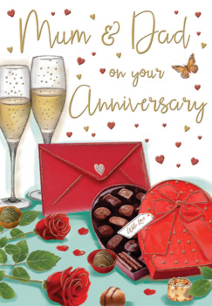 Detailed anniversary greeting card artwork featuring red roses, a heart-shaped chocolate box, and champagne flutes, styled with the warmth of a Greenwich celebration. In the foreground, two vivid red roses are drawn with almost photographic care, their velvety petals unfolding in layers that suggest both tenderness and passion, similar to a premium bouquet chosen from a florist near Greenwich Market. The roses rest on a tabletop strewn with deep green leaves that anchor the design in nature, their edges softly shaded to give depth and movement. Just beside them, a romantic heart-shaped box of chocolates sits temptingly open, its interior filled with mixed chocolates, each piece distinct in shape and gloss, hinting at rich fillings. A wide red satin bow wraps around the box, the loops and trailing ends adding a theatrical touch, like a lovingly wrapped gift given at a family dinner in East Greenwich. Behind this inviting display, two tall champagne flutes stand closely together, filled with sparkling golden champagne. Fine bubbles rise through the liquid, catching the glow of imagined candlelight and suggesting a dignified toast to many years shared. Tiny gold flecks and floating red hearts scatter across the softly coloured background, surrounding hand-lettered anniversary wishes that often address "Mum & Dad," conveying warmth, gratitude, and joy. At the bottom of the scene, a bold scarlet envelope lies ready to be opened, its pointed flap sealed with care, hinting at personal words that mean as much as any gift. The entire illustration feels like stepping into a quiet, heartfelt moment in a Greenwich home, where flowers, chocolate, and champagne come together to honour a lifetime of love.
