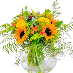 This exuberant floral arrangement mirrors the vibrant spontaneity of Greenwich life-its centerpiece: sunflowers, their immense golden heads beaming against a pure white backdrop, reminiscent of sunlight streaming down King William Walk. Nestled among them, smaller yellow flowers-solidago or mimosa perhaps-bubble up, their round clusters adding both texture and playful movement. A few gentle coral-orange blooms peek through, offering soft contrast and recalling the subtle hues found in Greenwich's springtime markets. The bouquet is threaded through with lush greenery, including feathery ferns unfurling with elegance and silvery eucalyptus lending a modern, crisp accent. Each stem is artfully displayed within a rounded, clear glass vase, revealing the vibrant tangle of fresh cut stems and the natural clarity of water. Designed with a discerning Greenwich eye, this arrangement feels both lively and serene, like a sunlit stroll through the Royal Observatory gardens. Whether as a cheerful centrepiece in a riverside flat or a thoughtful local delivery across SE10, the bouquet is a heartfelt expression of joy, invoking the warm welcomes and creative flairs of the Greenwich community.