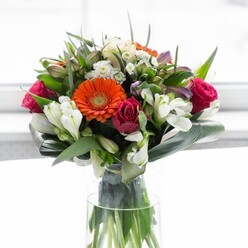 A breathtaking tableau of colour and comfort, this Greenwich-inspired bouquet is a testament to expert floristry and the area's vibrant charm. Central to the composition are luminous gerbera daisies-some blazing orange, others a tender creamy peach-each one evoking the joyful spirit of riverside mornings. Nestled alongside, richly saturated magenta roses lend the arrangement their intimate elegance, their tightly curled petals offering romance and depth. White alstroemeria and dainty filler blooms seem to whisper of new beginnings and renewal, much like the fresh breeze drifting through Greenwich's historic gardens. Glossy, abundant foliage encircles the bouquet, the prominent paddle-like leaves spiralling protectively at the base, creating a verdant foundation that feels both structured and welcoming. Smaller, shapely green leaves fill the inner spaces, lending the ensemble natural texture and volume. Presented in a sleek glass vase, the arrangement's green stems are visible-organic lines echoing the leafy boulevards that define the Greenwich landscape. All is cast in a mellow, natural glow, as if the bouquet were bathed in the soft light filtering through a Georgian window. This arrangement is perfect for marking life's happy milestones-be it a gathering of friends, heartfelt thanks, or a spontaneous gesture-delivering genuine joy and warmth to homes and hearts across Greenwich.
