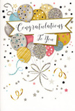 This congratulations card is illustrated like a miniature celebration, the way a hidden courtyard in Greenwich can suddenly open into a lively, cheerful space. At its heart is a cluster of festive balloons that resemble a hand-tied bouquet, their rounded forms layered in a soft, airy arrangement. The colour palette is elegant yet playful: shimmery golds, polished silvers, pale champagne, sky blue, blush pink, and a touch of dove grey. Each balloon is decorated with its own subtle pattern-tiny sparkling stars, fine stripes, and areas of glistening glitter that suggest a gentle shimmer when you tilt the card. Thin gold and silver ribbons curl downward from the balloons, looping and twisting like cascades of ribbon from a gift prepared by an attentive florist. Around this central display, small stars, dots, and swirls of confetti dance against a clean, light background, hinting at laughter, clinking glasses, and heartfelt congratulations shared with loved ones. A soft banner crosses the centre of the card, bearing the words "Congratulations To You" in graceful script, the letters flowing like handwritten calligraphy on a special note. The overall design feels polished yet warm, perfect for pairing with flowers sent to celebrate a new degree, a promotion, or a treasured achievement. You can almost sense the smooth texture of the cardstock, the tiny ridges of raised glitter, and the glossy lines of ink under your fingertips. It's easy to imagine this card arriving with a fresh arrangement from a Greenwich florist, perhaps delivered to a quiet street near the Cutty Sark or along the bustling roads by Greenwich Market, bringing with it a burst of pride, happiness, and sincere admiration.
