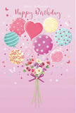 Softly illustrated birthday card scene showing a pastel balloon bouquet lifting a charming arrangement of flowers, bathed in a warm, rosy glow. The background is a muted, velvety pink, calling to mind the gentle dusk light over the historic streets of Greenwich. A cluster of balloons floats at the top of the image, each one rendered in delicate tones of blush, mint green, lemon, and lavender. Their surfaces shine with a subtle gloss, decorated with swirling ribbons, cheerful polka dots, and tiny floral prints, while a single heart-shaped balloon at the centre radiates affection and becomes the emotional focal point. From this airy cluster, threads of string gather down into a hand-crafted bouquet of petite roses and anemone-like blooms, arranged as though by a careful local florist. The flowers display shades of ivory, blush pink, and dusky mauve, their petals slightly curled and layered, suggesting fullness and freshness. A neat violet satin bow cinches the stems, its smooth texture contrasting the softness of the petals. Around the bouquet and balloons, minute stars and graceful butterflies are scattered, lending an almost storybook charm, as if the card captured a fleeting birthday wish floating up over the Thames. The atmosphere is light, sweet, and quietly festive-perfect for celebrating a birthday in Greenwich with something that feels more like a treasured keepsake than just a simple card, expressing joy, tenderness, and thoughtful design in every detail.