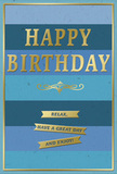 The image shows an elegant birthday card whose quiet beauty would feel at home on a windowsill overlooking Greenwich Park or beside a fresh bouquet brought in from the market. Its background is made of generous, horizontal stripes of blue, stacked neatly from top to bottom. The tones shift gradually from deep navy through rich ocean blue and soft teal into paler sky shades, creating a smooth gradient that feels like watching the daylight change over the Thames. In the centre of this serene backdrop, the phrase "HAPPY BIRTHDAY" appears in bold, capital letters, embossed in gold. The lettering is substantial yet refined, each letter slightly raised, catching the light in a gentle, satin-like shimmer rather than a harsh shine. Directly beneath the main greeting lies a graceful golden flourish, an ornamental scroll that adds a hint of vintage charm, almost like the finishing stroke of a calligrapher's pen. Below this flourish, three narrow gold banners sit in a neat vertical stack. Each ribbon-shaped strip carries part of the message "Relax, have a great day and enjoy!", the words dividing naturally across the three banners like a spoken sentence. A thin gold border edges the entire design, providing a subtle frame that echoes the metallic details inside. The card stock appears to be a quality, smooth material with a soft matte finish, allowing the embossed gold elements to stand out in relief. Overall, the card radiates calm, thoughtful celebration: a modern yet timeless way to wish someone in Greenwich a restful, joy-filled birthday, perfectly suited to accompany a beautifully arranged floral gift.